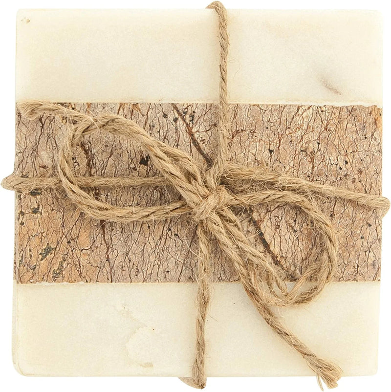 Natural bark-wrapped package with twine showcasing Square Marble Coasters