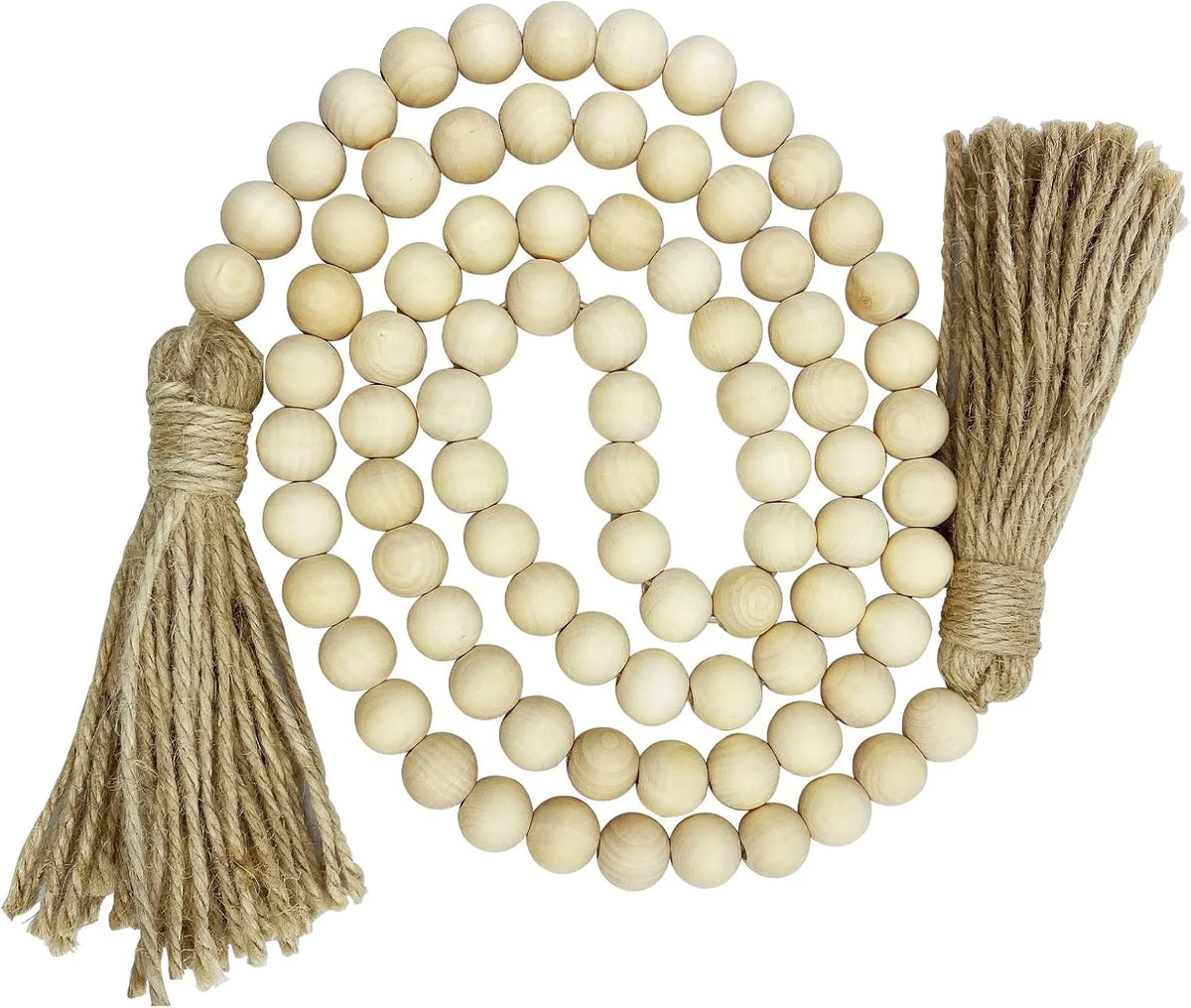 Natural wooden beaded necklace with jute tassels for women’s boho chic clothing decor