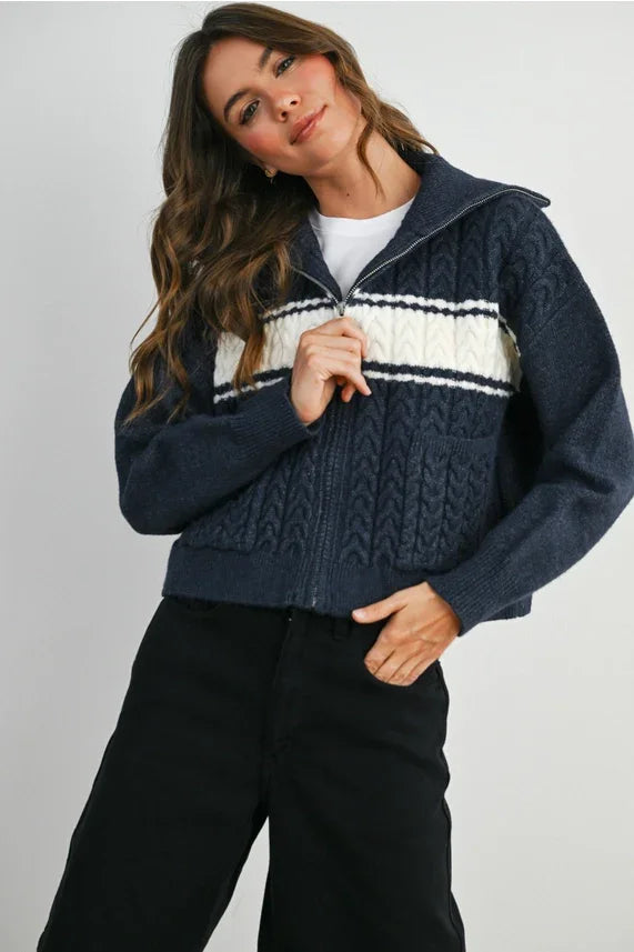 Navy blue collared striped knit zip-up cardigan with white stripe sleeves