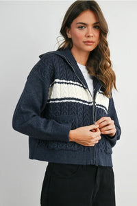 Navy blue collared striped knit zip-up hooded cardigan with white stripe