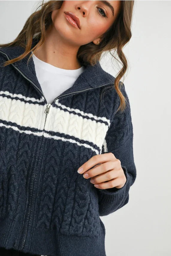 Navy blue collared striped knit cardigan with white and black stripes