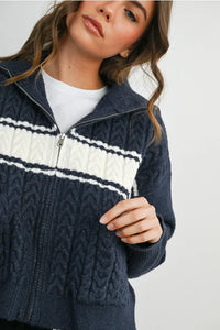 Navy blue collared striped knit cardigan with white and black stripes