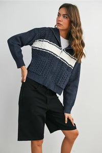 Navy blue collared striped knit cardigan with white and cream stripes