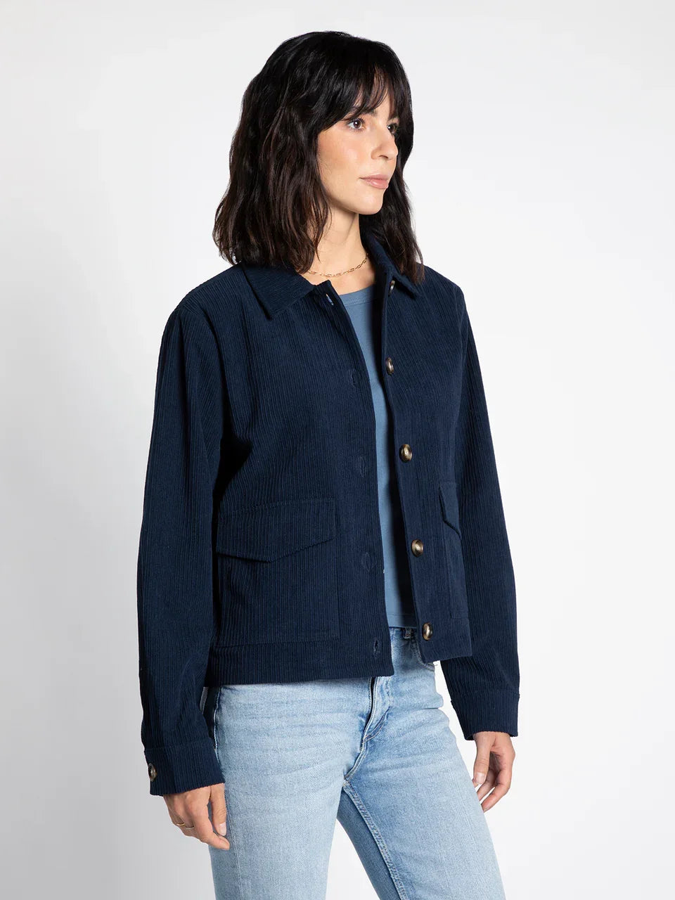 Navy blue cotton THREAD AND SUPPLY Hughes Jacket with gold buttons and pockets