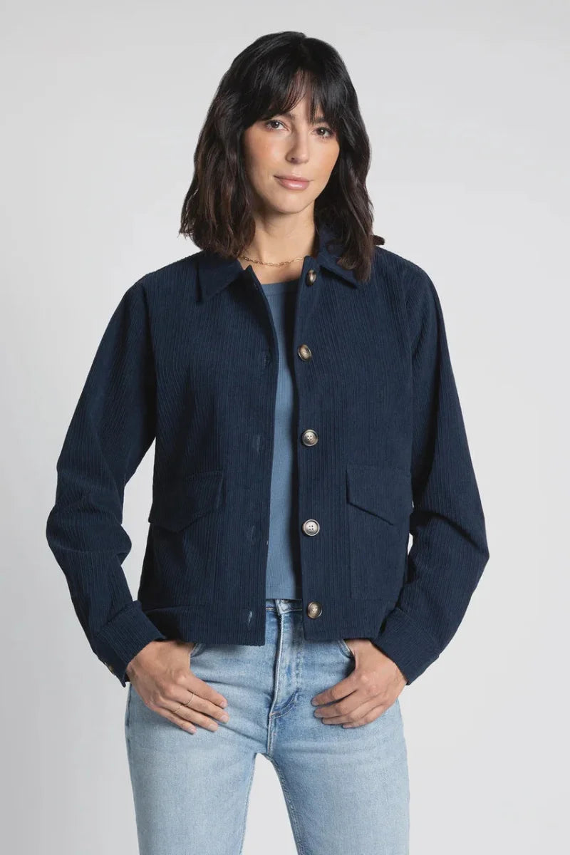 Thread and Supply Hughes Jacket in navy blue cotton with gold buttons