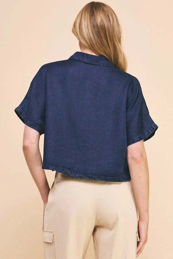 Navy blue cropped short-sleeve shirt back view from Washed Chambray Collared collection