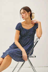 Navy blue floral print mini dress from FLORAL PRINT PUFF SLEEVE MINI DRESS for women’s boho chic clothing