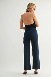 Navy blue mini patch pocket wide jeans with high-waisted tailored design