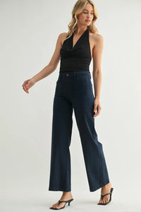 Navy blue mini patch pocket wide jeans with high-waisted wide-leg design