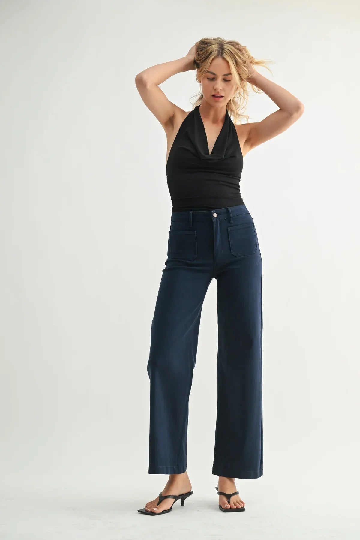 Navy blue mini patch pocket wide jeans with paperbag waist