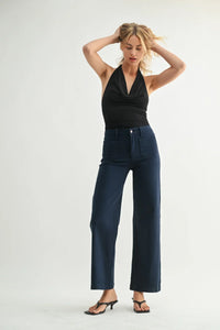 Navy blue mini patch pocket wide jeans with paperbag waist