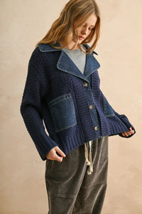 Navy blue knit combo jacket with denim collar and patch pockets