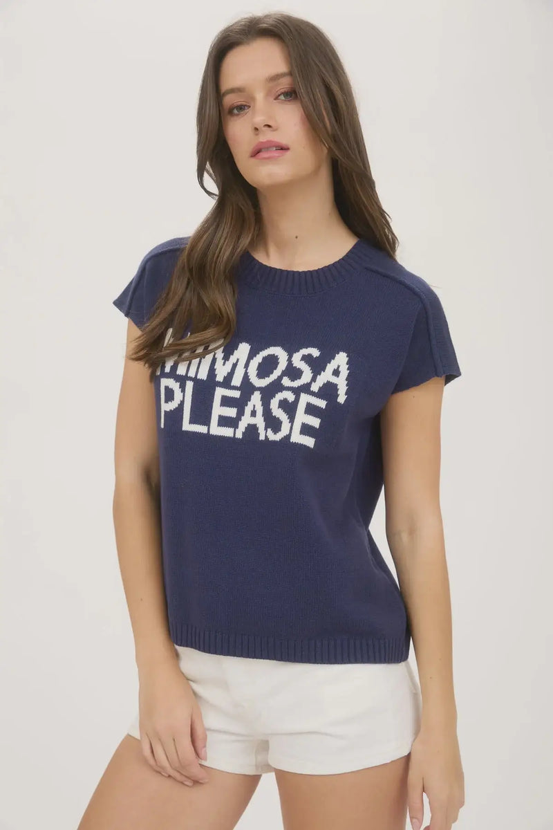 Navy blue knit short sleeve top with Mimosa Please text, women’s boho chic clothing, shop Daisy