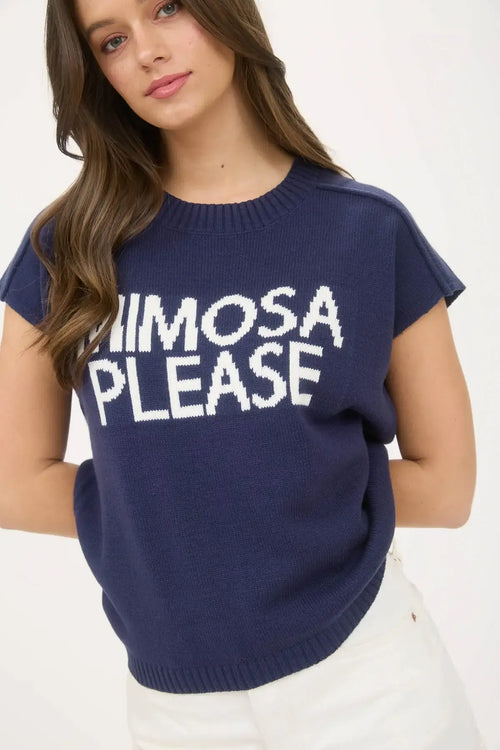 Navy blue knit short sleeve top with Mimosa Please text, women’s boho chic clothing from Shop Daisy