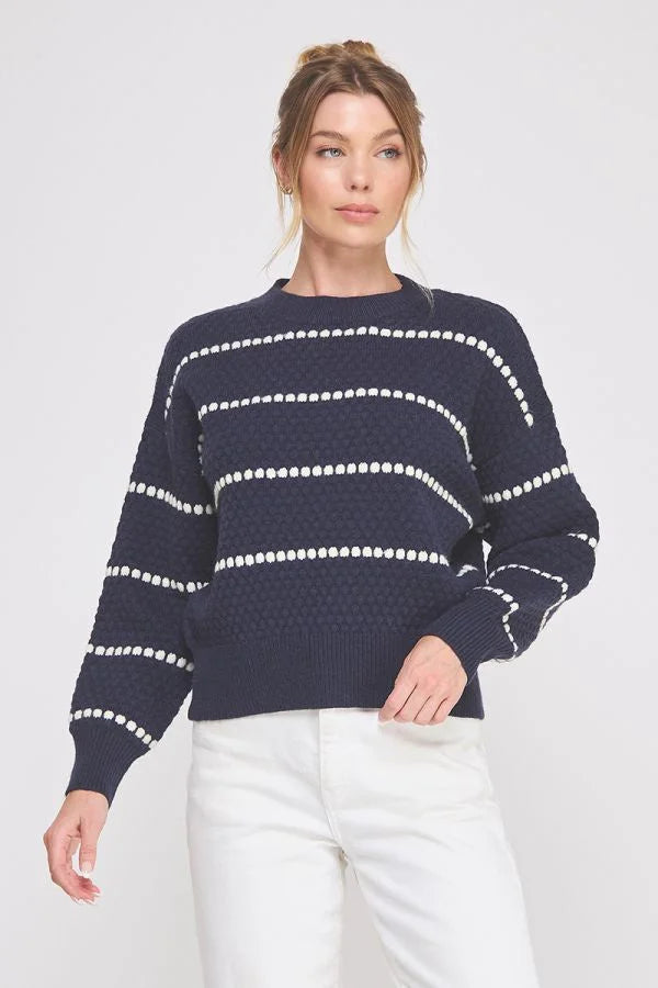 Navy blue Pebble Textured Lofty Stripe Sweater with white dots