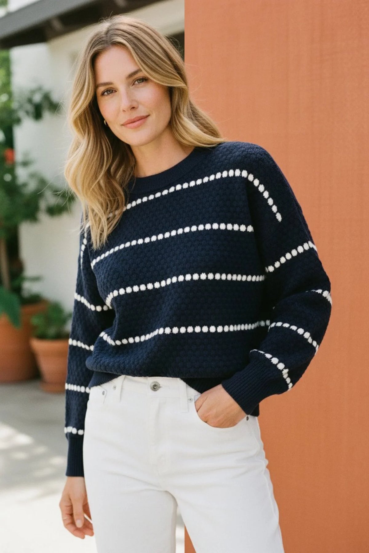 Navy blue Pebble Textured Lofty Stripe Sweater with white dotted stripes