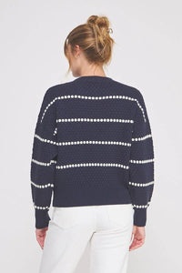 Navy blue pebble textured lofty stripe sweater with white dotted stripes
