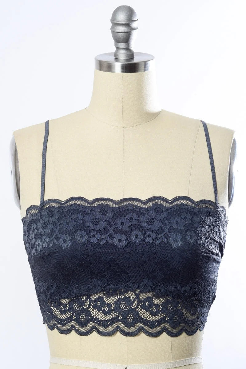 Navy blue wide lace bandeau with detachable straps and halter neckline design