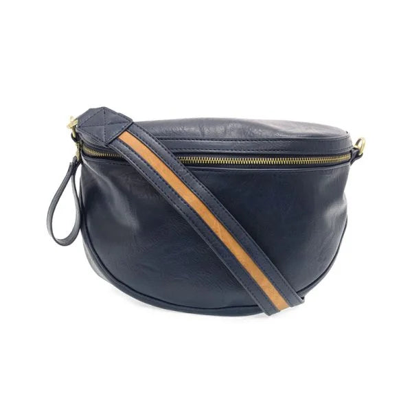 Navy blue vegan leather Laura Contrast Strap Sling Belt Bag with tan and black striped strap