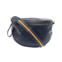 Navy blue vegan leather Laura Contrast Strap Sling Belt Bag with tan and black striped strap
