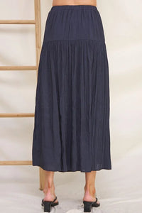 Navy blue Flowy Crinkle Sateen Maxi Skirt with a tiered, flowy design