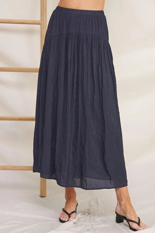 Navy blue pleated midi skirt with elastic waistband, a stylish Flowy Crinkle Sateen Maxi