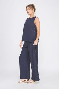 Navy blue linen blend relaxed tunic tank top with wide-leg pants set for casual wear