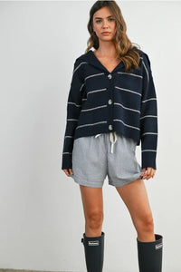 Navy blue striped collared cardigan with white and light gray stripes in soft cotton