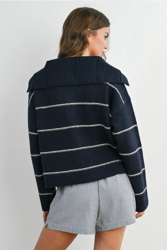 Navy blue striped collared cardigan with hood and ribbed cuffs