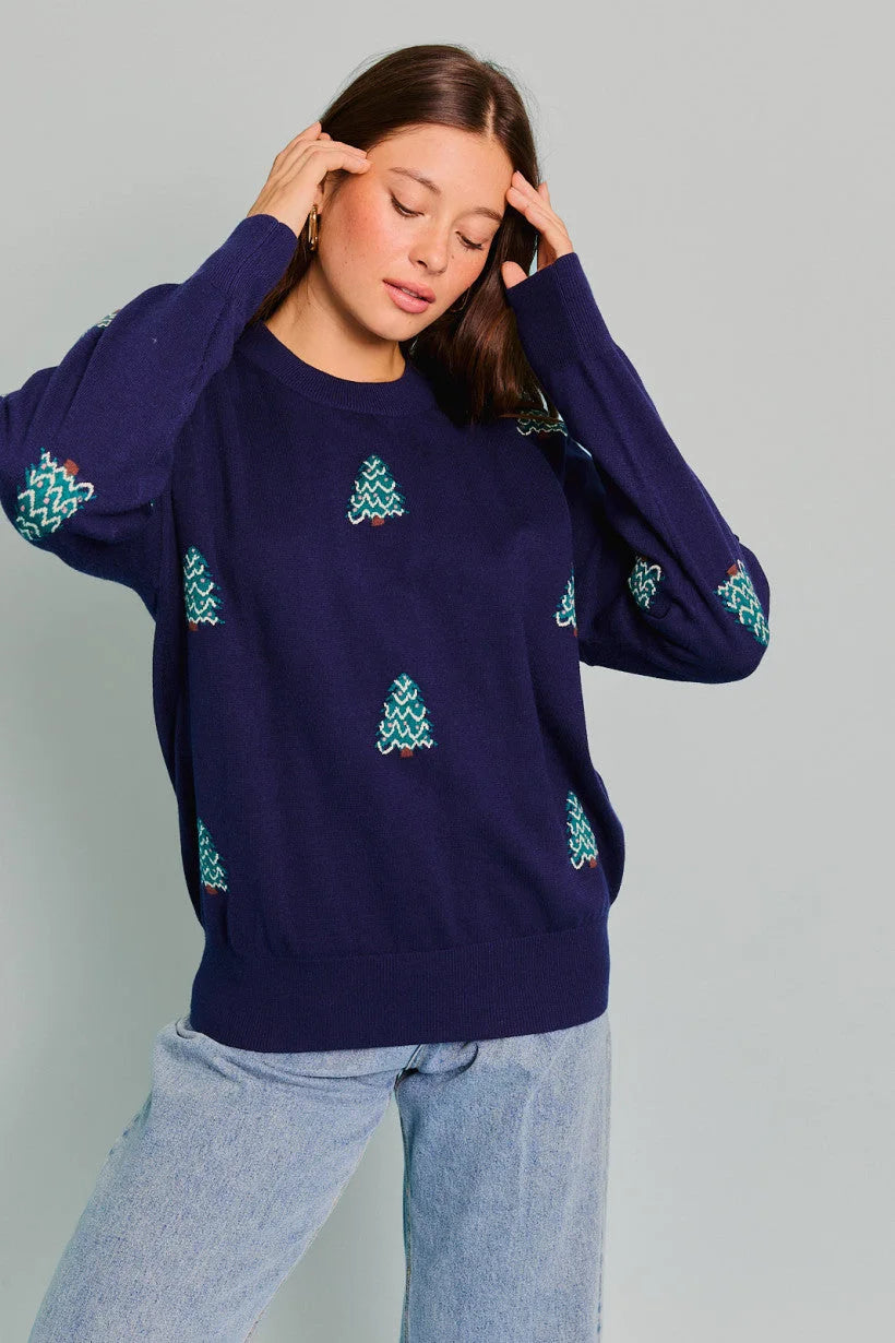 Navy blue Long Sleeve Crew Neck Christmas Tree Sweater, ideal for women’s boho chic clothing