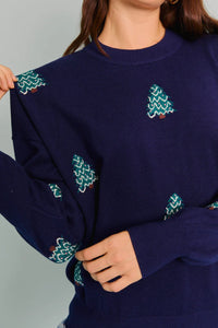 Navy blue LONG SLEEVE CREW NECK CHRISTMAS TREE SWEATER in women’s boho chic clothing