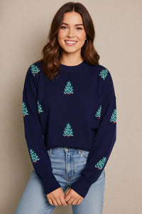 Navy blue long sleeve crew neck Christmas tree sweater, womens boho chic