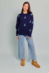 Navy blue sweater with light blue Christmas tree patterns for women’s boho chic clothing