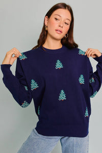 Navy blue sweater with teal pineapple patterns from Shop Daisy, perfect for women’s boho chic clothing