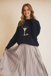 Navy blue sweater with martini glass design from Shop Daisy women’s boho chic clothing