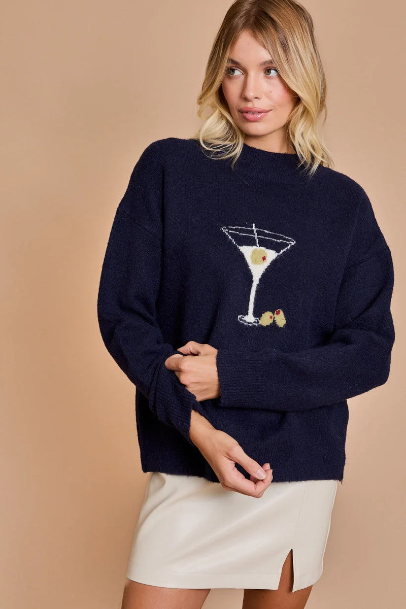 Navy blue sweater featuring martini glass design, perfect for women’s boho chic clothing