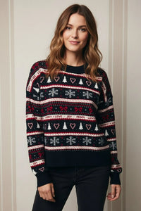 Round neck graphic Christmas sweater in navy blue with holiday patterns