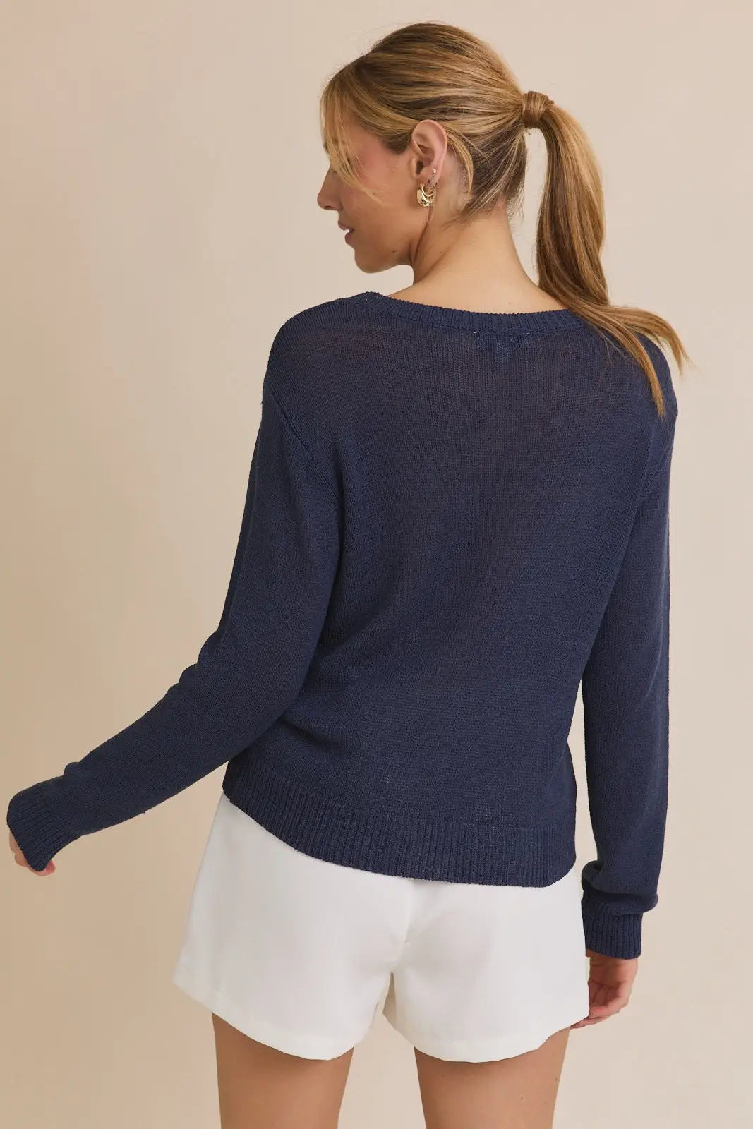 Navy blue USA round neck sweater top with white shorts, stylish round neck sweatshirt for women