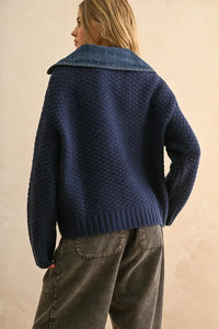 Navy blue textured knit combo jacket with denim collar