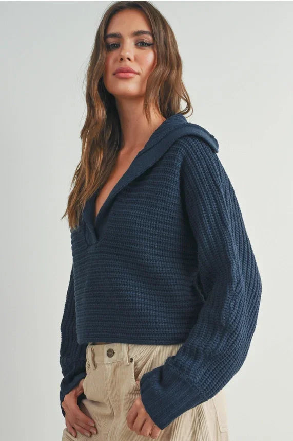 Navy blue textured cropped Drama Collar V Neck Sweater with hood and ribbed cuffs