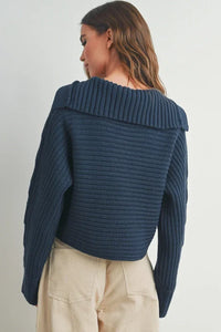 Navy blue textured Drama Collar V Neck Sweater with ribbed detailing