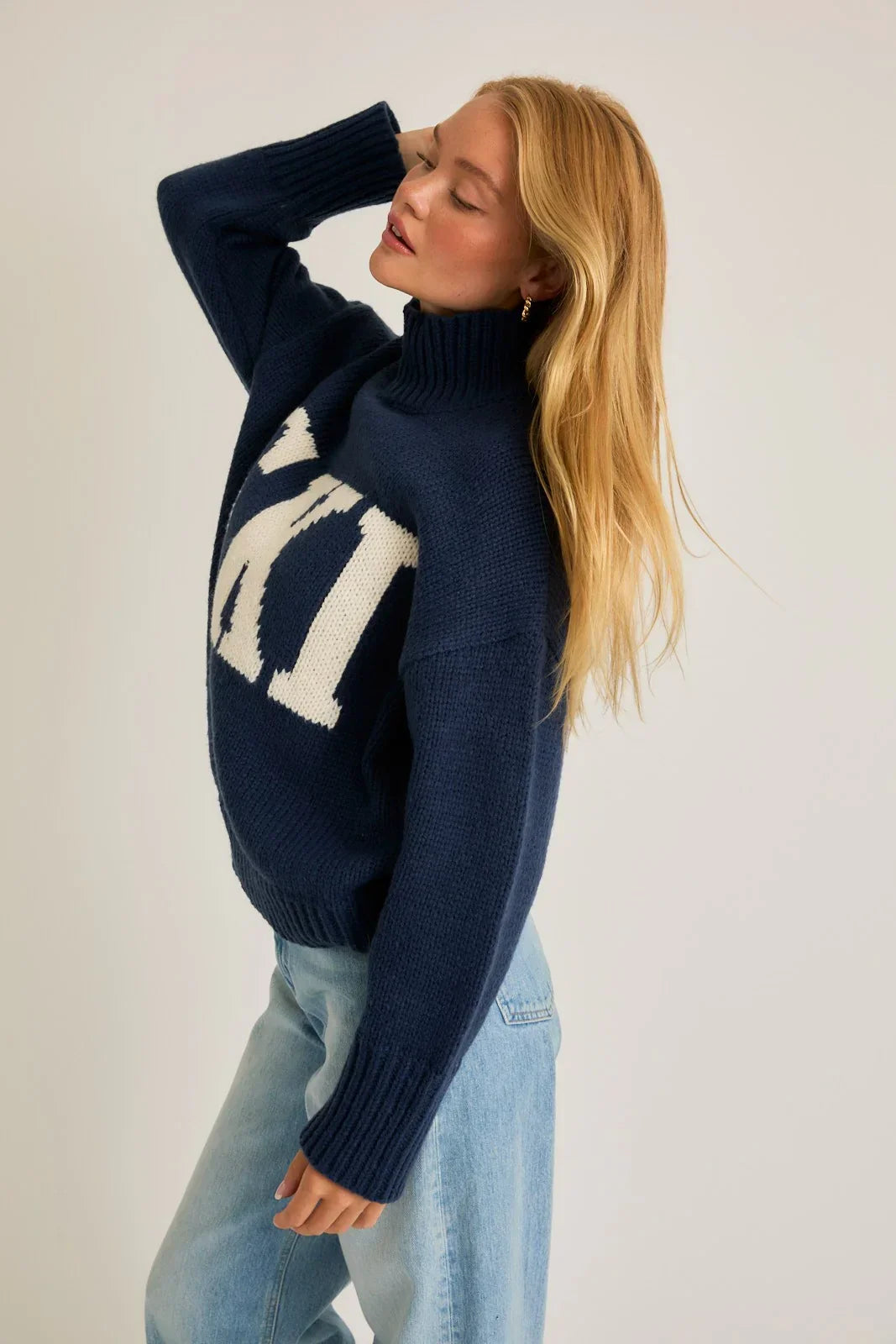 Navy blue high neck oversized sweater with white 71 knit design