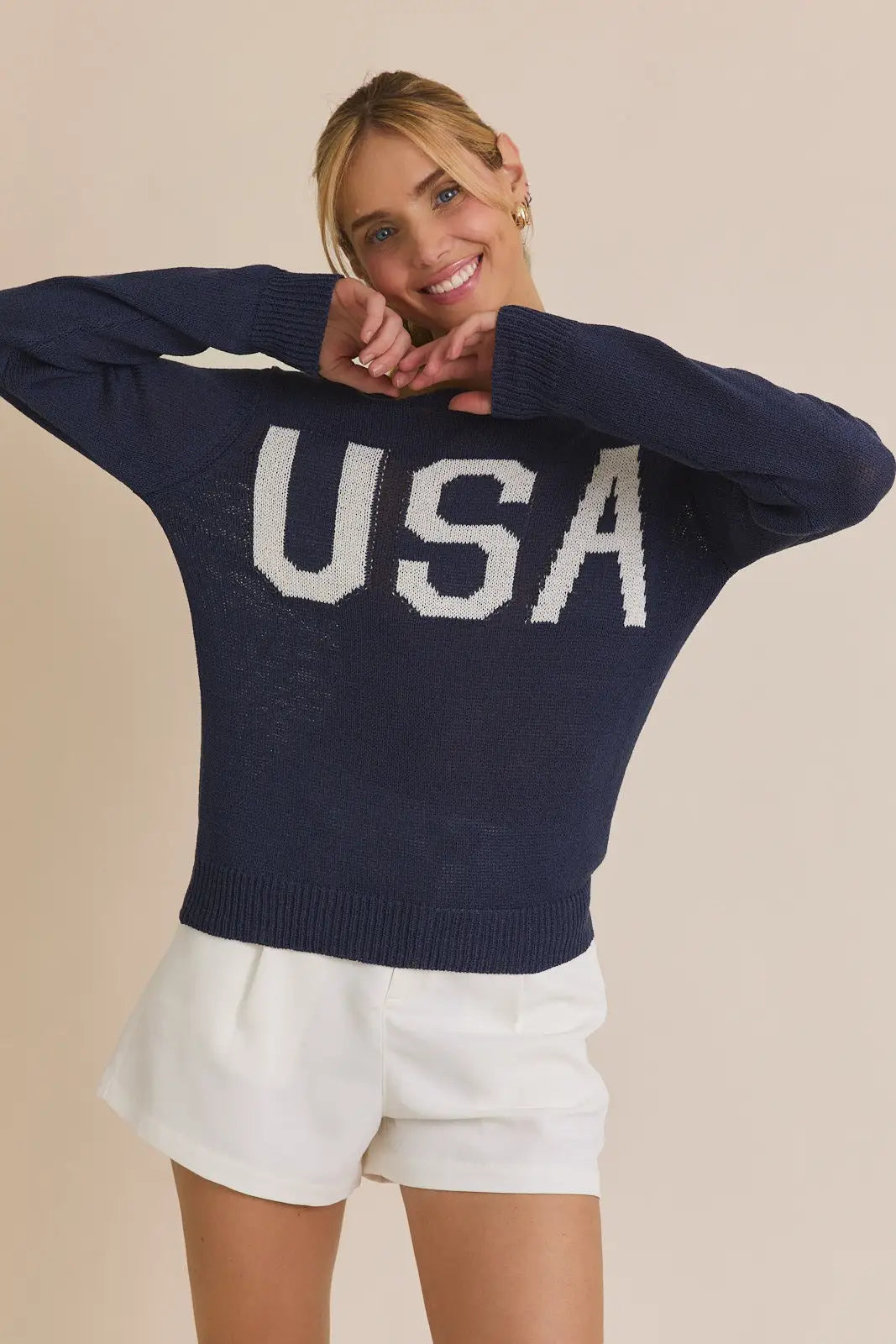 Navy blue USA round neck sweater displayed as a stylish round neck sweatshirt and neck sweater