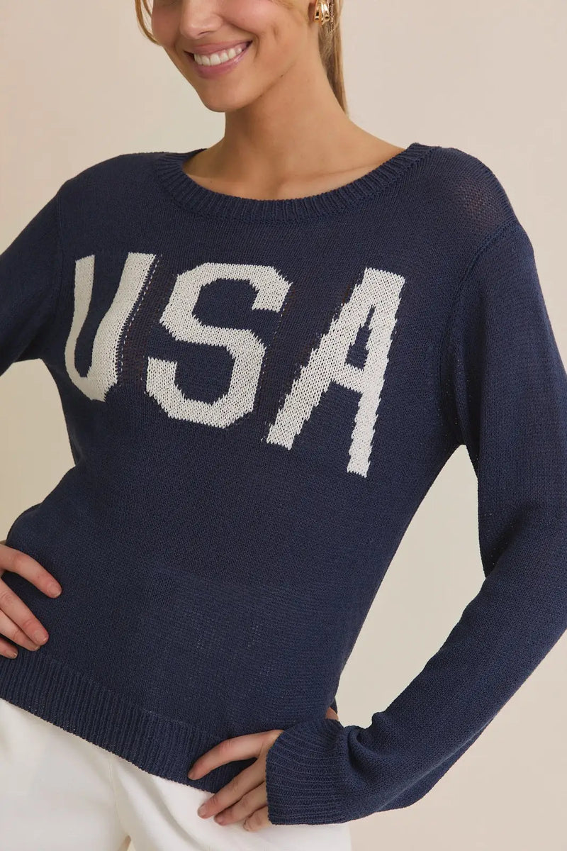 Navy blue USA round neck sweater displayed as a stylish round neck sweatshirt top
