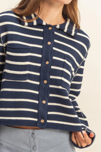 Navy blue and white collared striped button up knit cardigan sweater