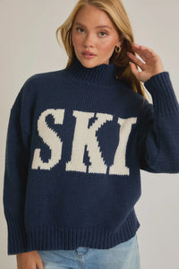 High neck oversized navy blue and white ski sweater top