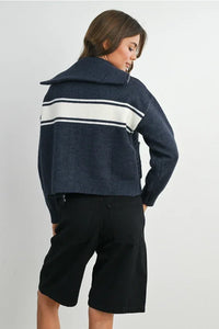 Navy blue and white collared striped knit cardigan jacket