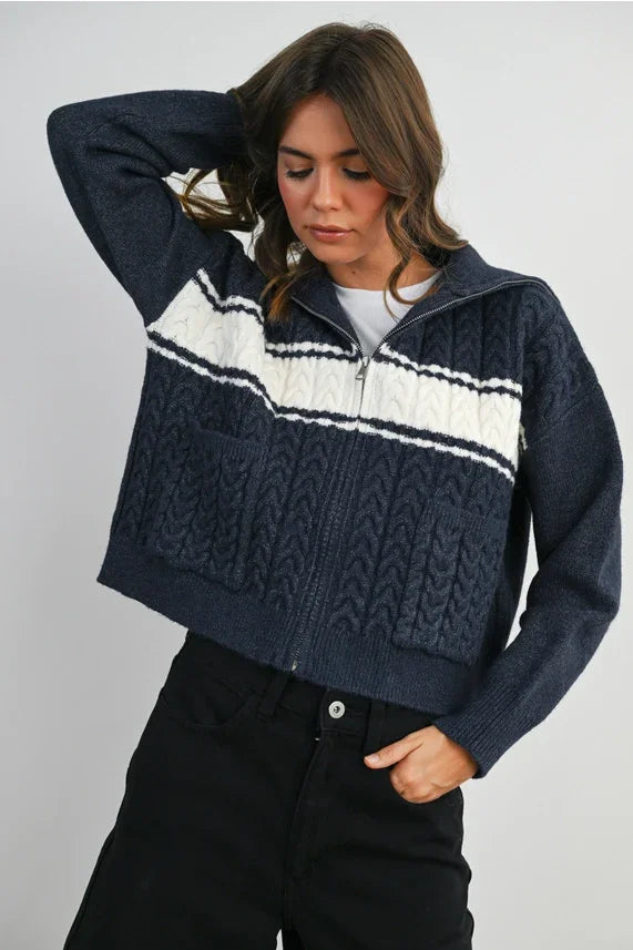 Navy blue and white collared striped knit zip-up cardigan jacket