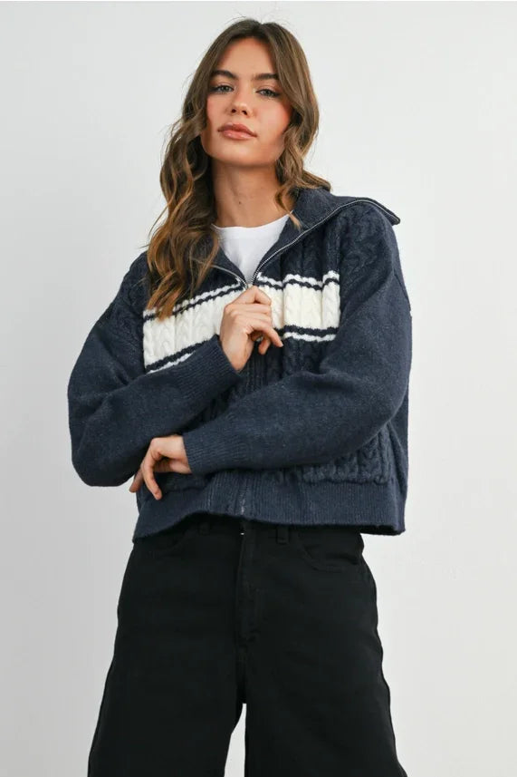 Navy blue and white collared striped knit zip-up cardigan with textured fabric