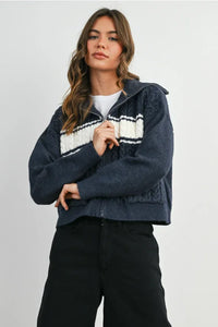 Navy blue and white collared striped knit zip-up cardigan with textured fabric